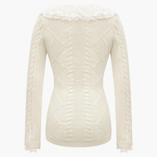 Women’s Knitted Button-Up Dress with Lace Collar and Long Sleeves