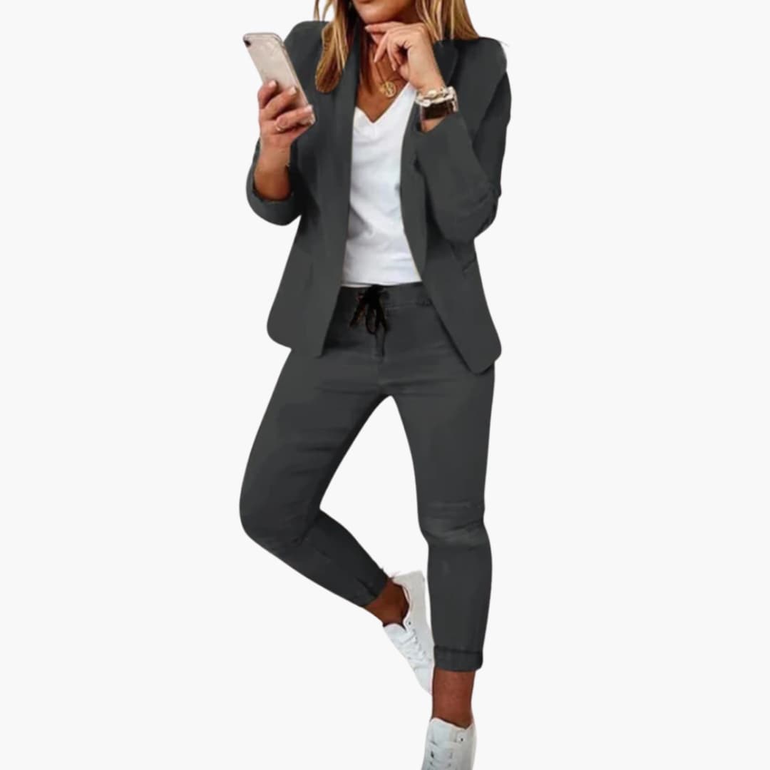 Women's Blazer Set with Open Front and Drawstring Trousers
