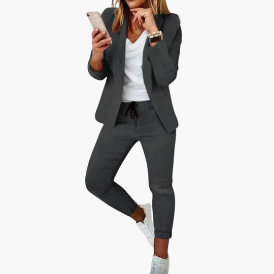 Women's Blazer Set with Open Front and Drawstring Trousers