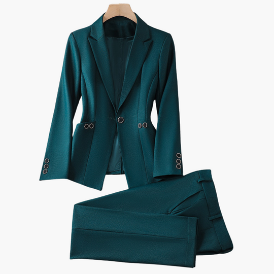 Women's Blazer Set with Single Button and Straight Leg Trousers