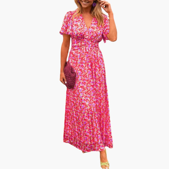 Women's Maxi Dress with Gathered Waist and Floral Print