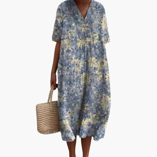 Women's Floral Midi Dress with V-Neck and Short Sleeves