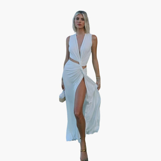 Women's High-Slit Maxi Dress with V-Neck and Cut-Out Detail