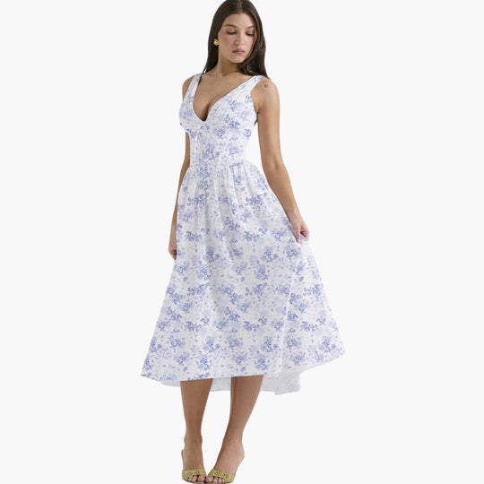 Women's Summer Midi Dress with Deep V-Neckline and Pockets