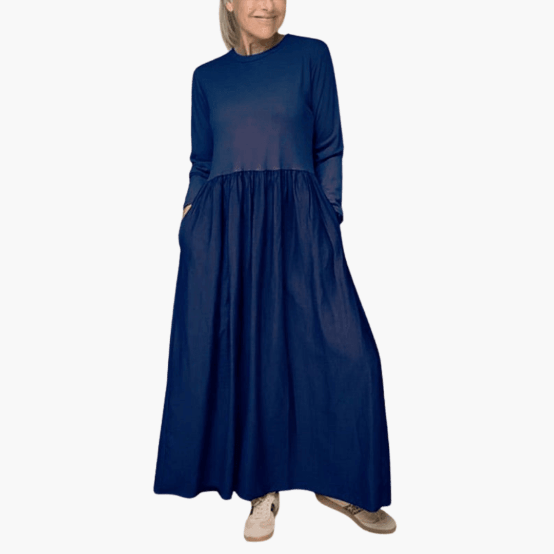 Women's Long Sleeve Midi Dress with Elastic Waist and Pockets