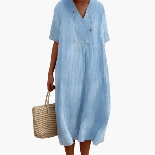 Women's Midi Dress with V-Neck and Short Sleeves