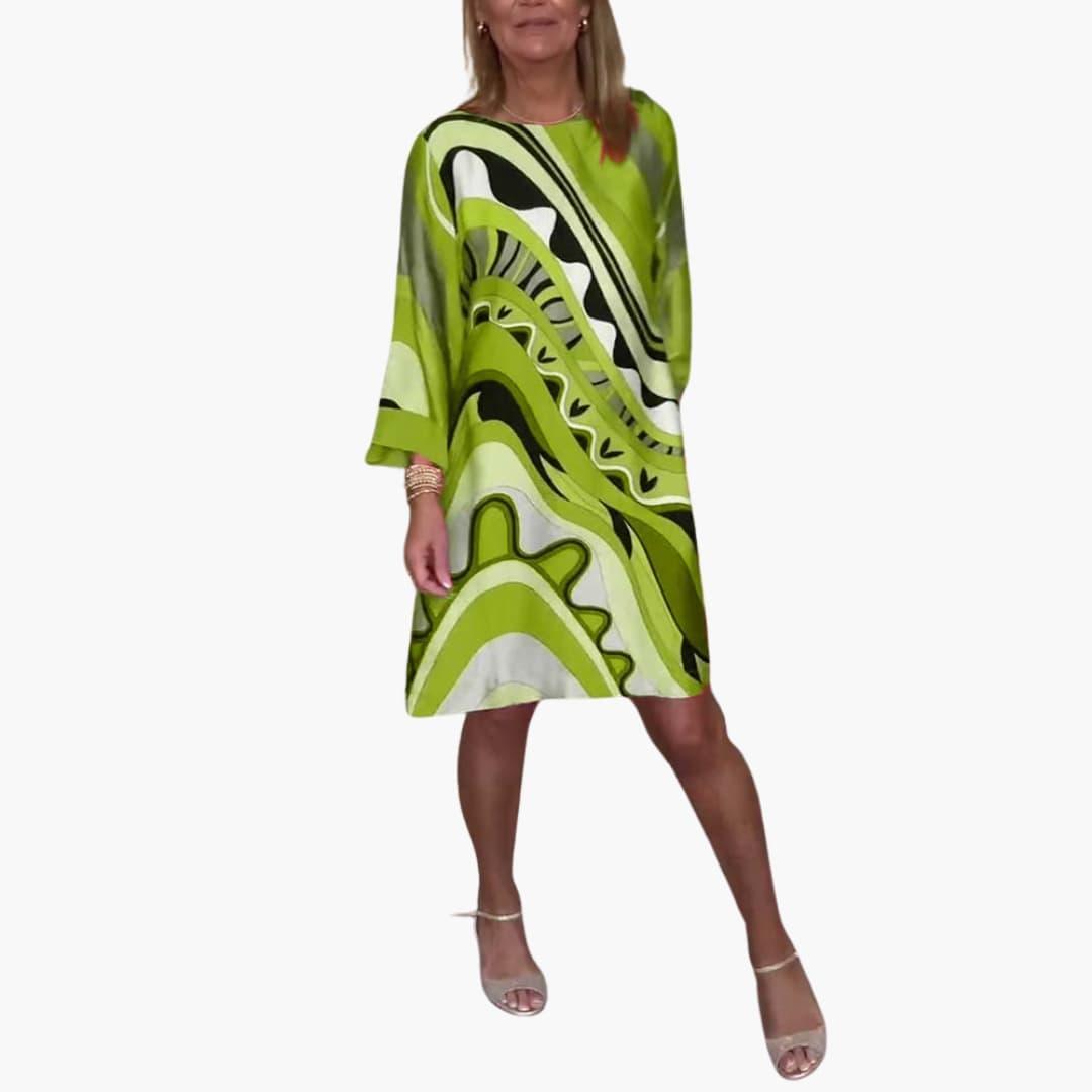 Women's Printed Midi Dress with Bell Sleeves and V-Neck