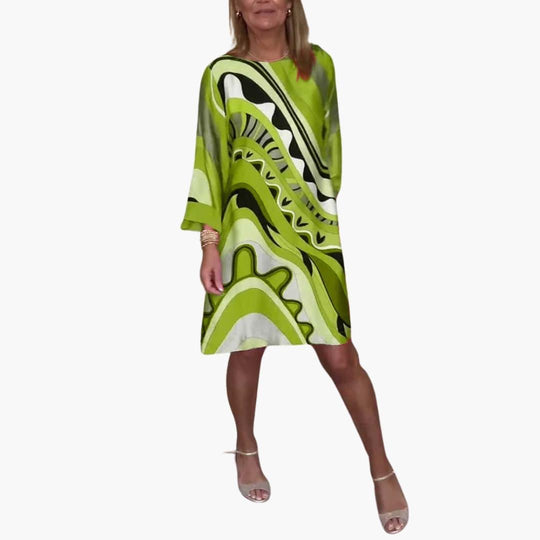 Women's Printed Midi Dress with Bell Sleeves and V-Neck