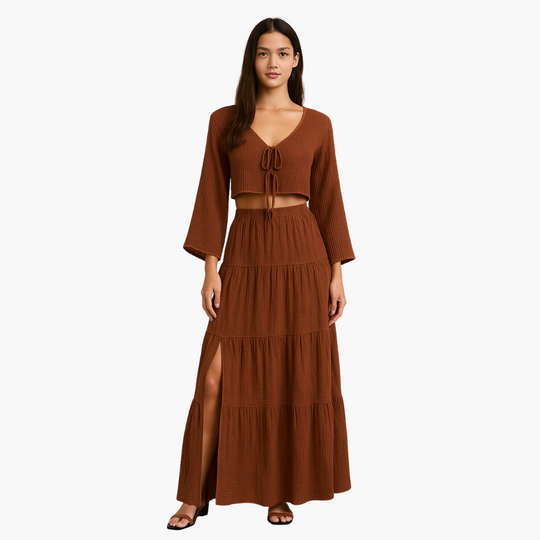 Women’s Two-Piece Set with Tie-Front Top and High-Slit Skirt