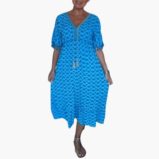 Women's Floral Print Midi Dress with Short Sleeves and V-neck