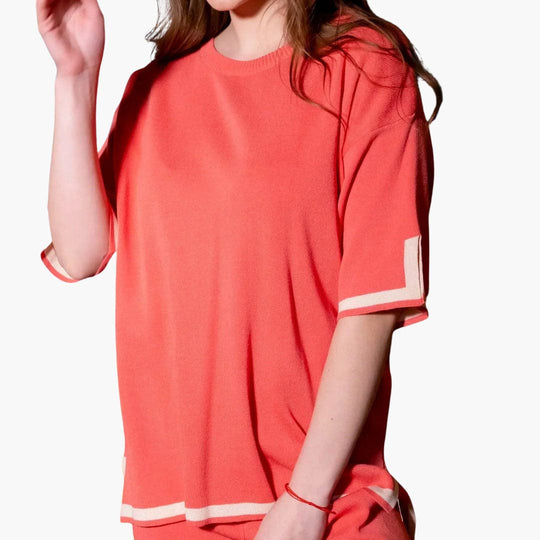 Women's Two-Piece Knit Set with Short-Sleeve Top and Wide-Leg Trousers