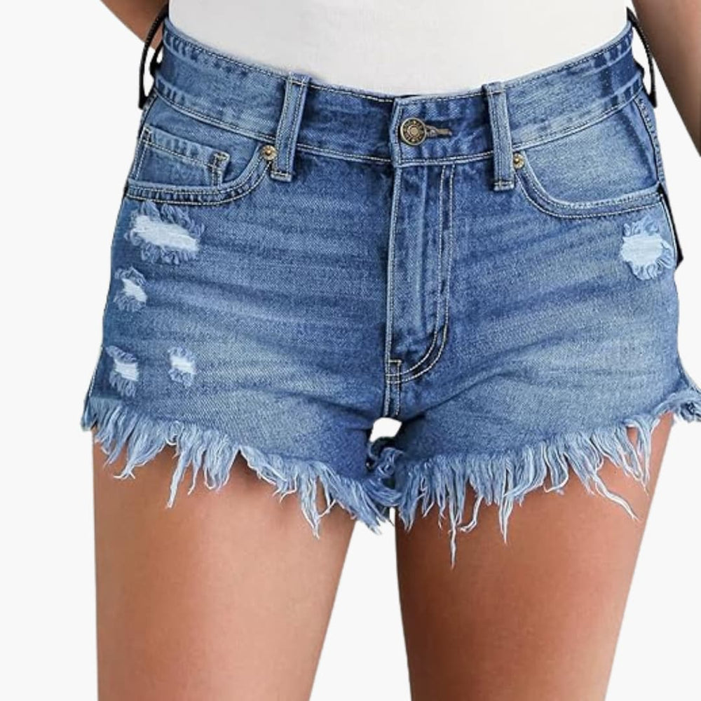 Women's High-Waisted Denim Shorts with Distressed Detailing