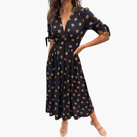 Women's Midi Dress with V-Neck and Belted Waist