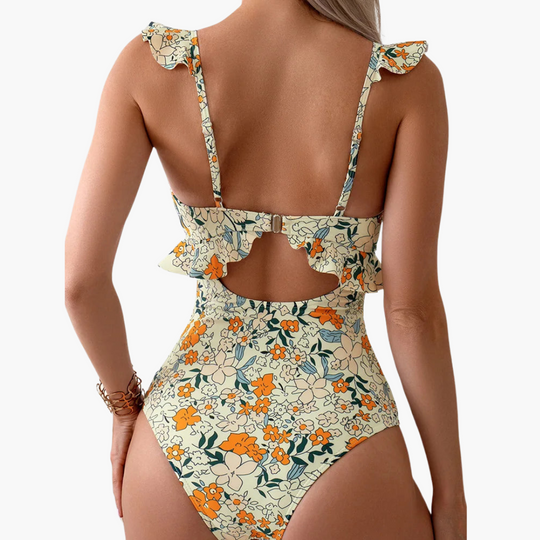Women’s One - Piece Swimsuit with Floral Pattern and Ruffle Detailing