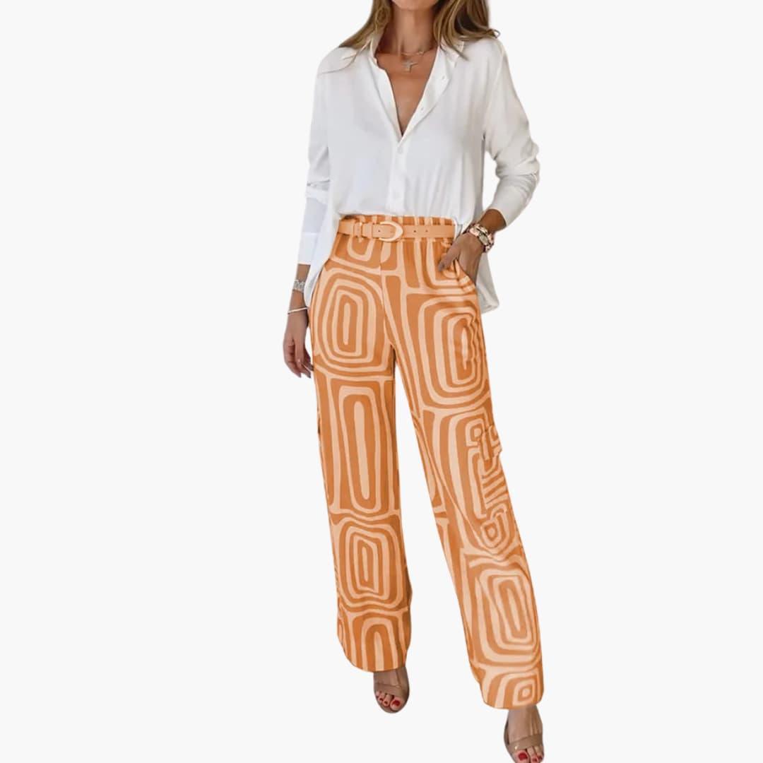 Women's Two-Piece Set with Long-Sleeve Shirt and Printed Wide-Leg Trousers