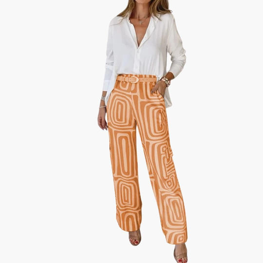 Women's Two-Piece Set with Long-Sleeve Shirt and Printed Wide-Leg Trousers