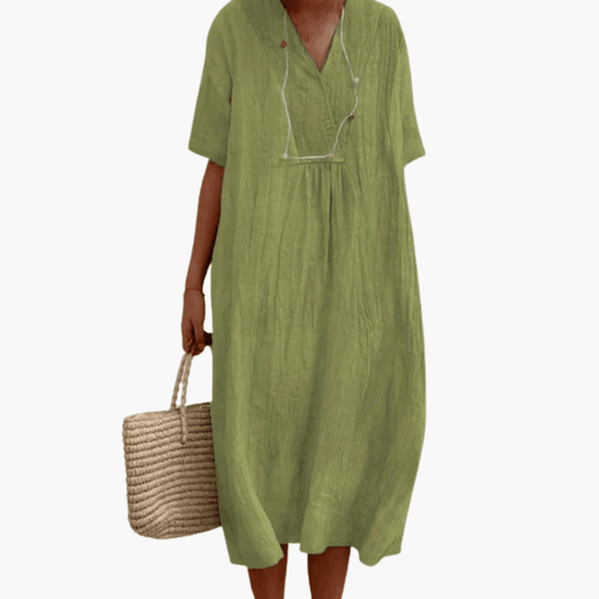 Women's Midi Dress with Short Sleeves and V-Neck