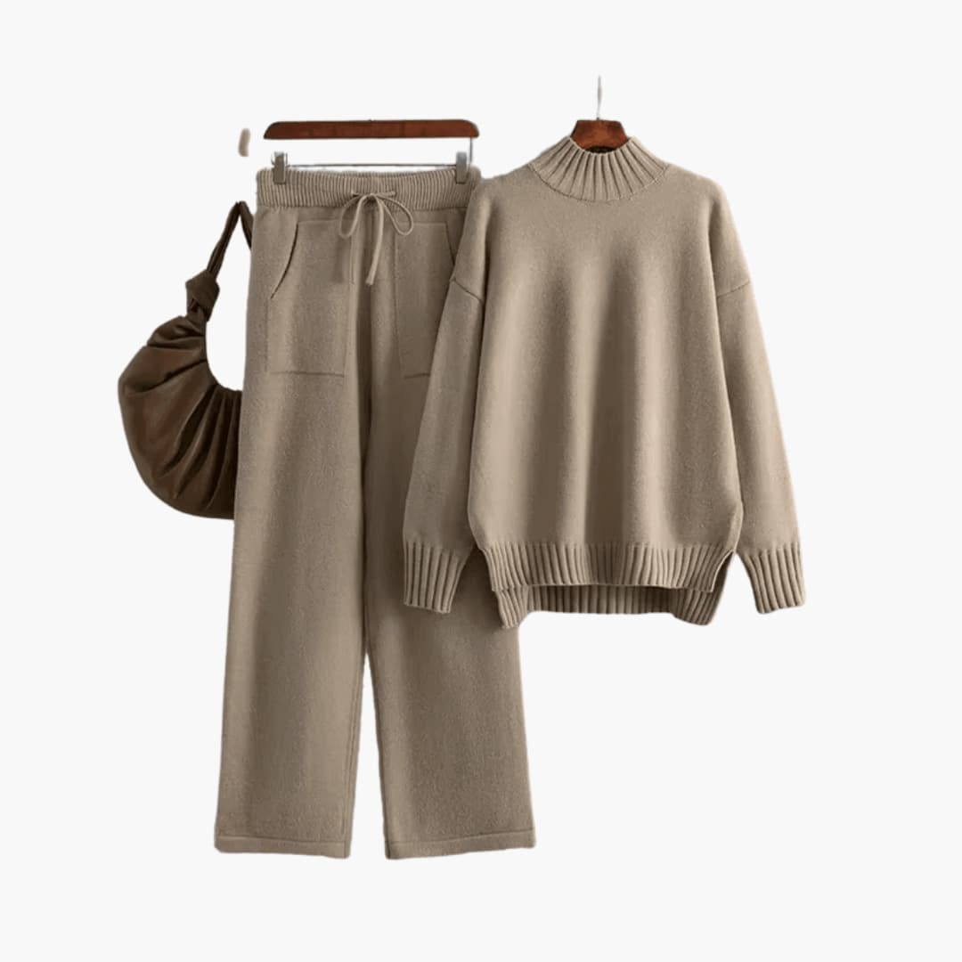 Women's Turtleneck Jumper Set with Relaxed Fit and Wide-Leg Trousers