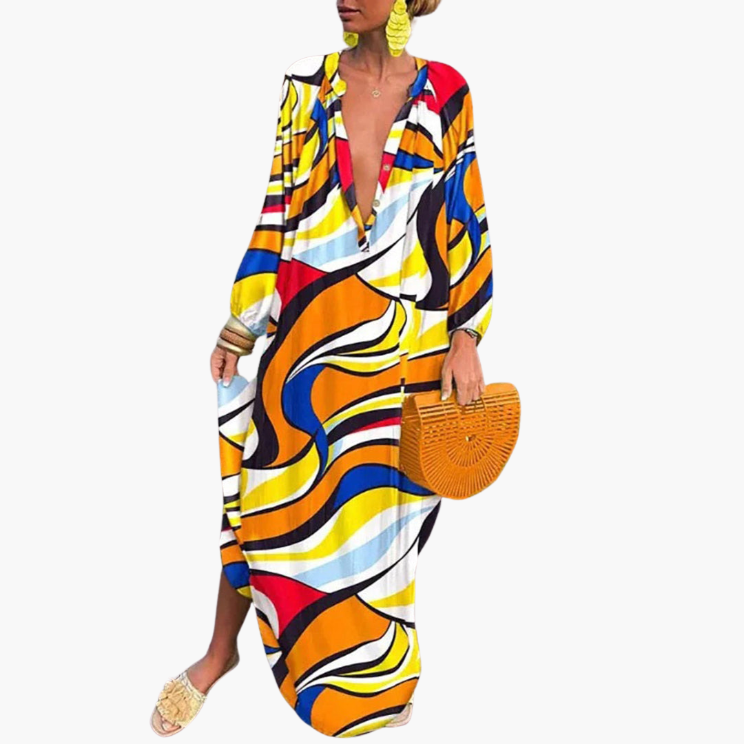Women’s Maxi Dress with Deep V‑Neck and Long Sleeves
