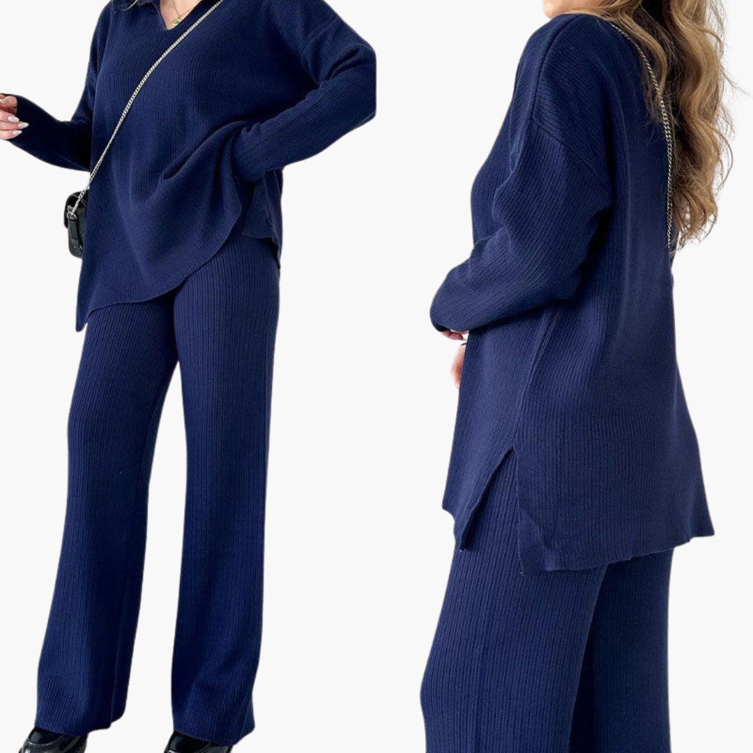 Women’s V-Neck Two-Piece Set with Wide-Leg Trousers