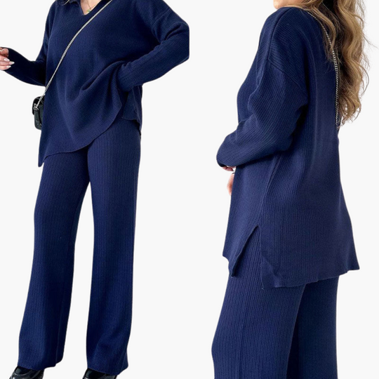 Women’s V-Neck Two-Piece Set with Wide-Leg Trousers