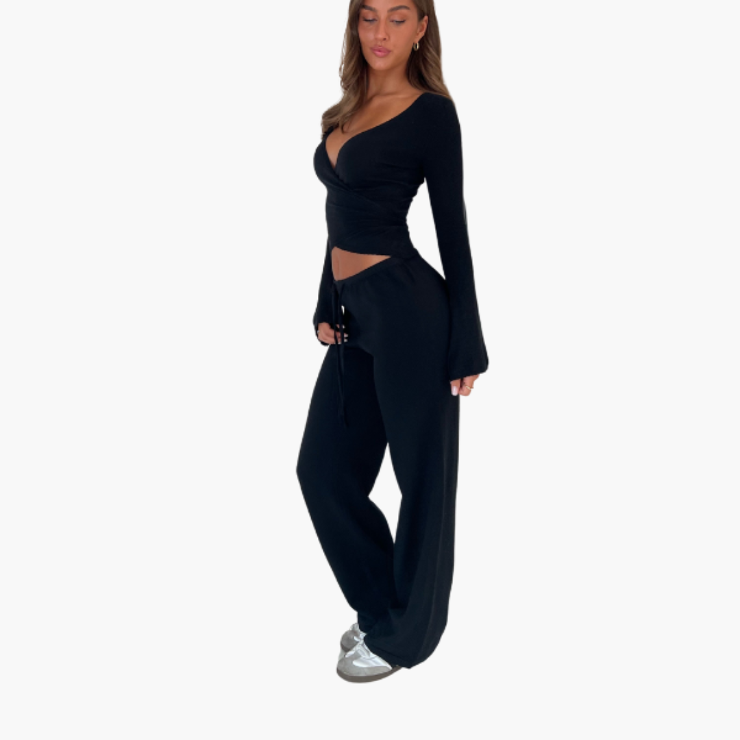 Women’s two-piece set with wrap top and trousers