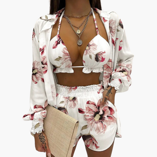 Women’s Beach Set with Ruffled Bikini Top, High-Waisted Shorts, and Cover-Up