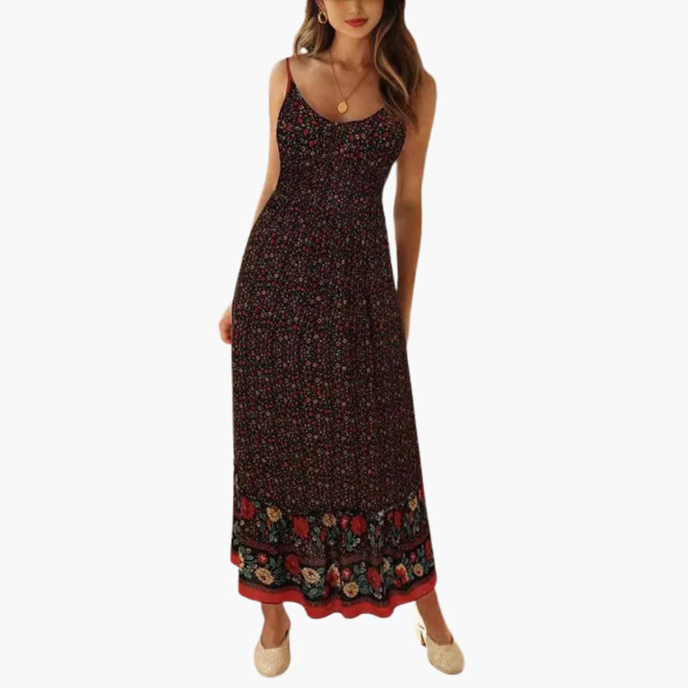 Women's Maxi Dress with Boho Floral Print and Thin Straps