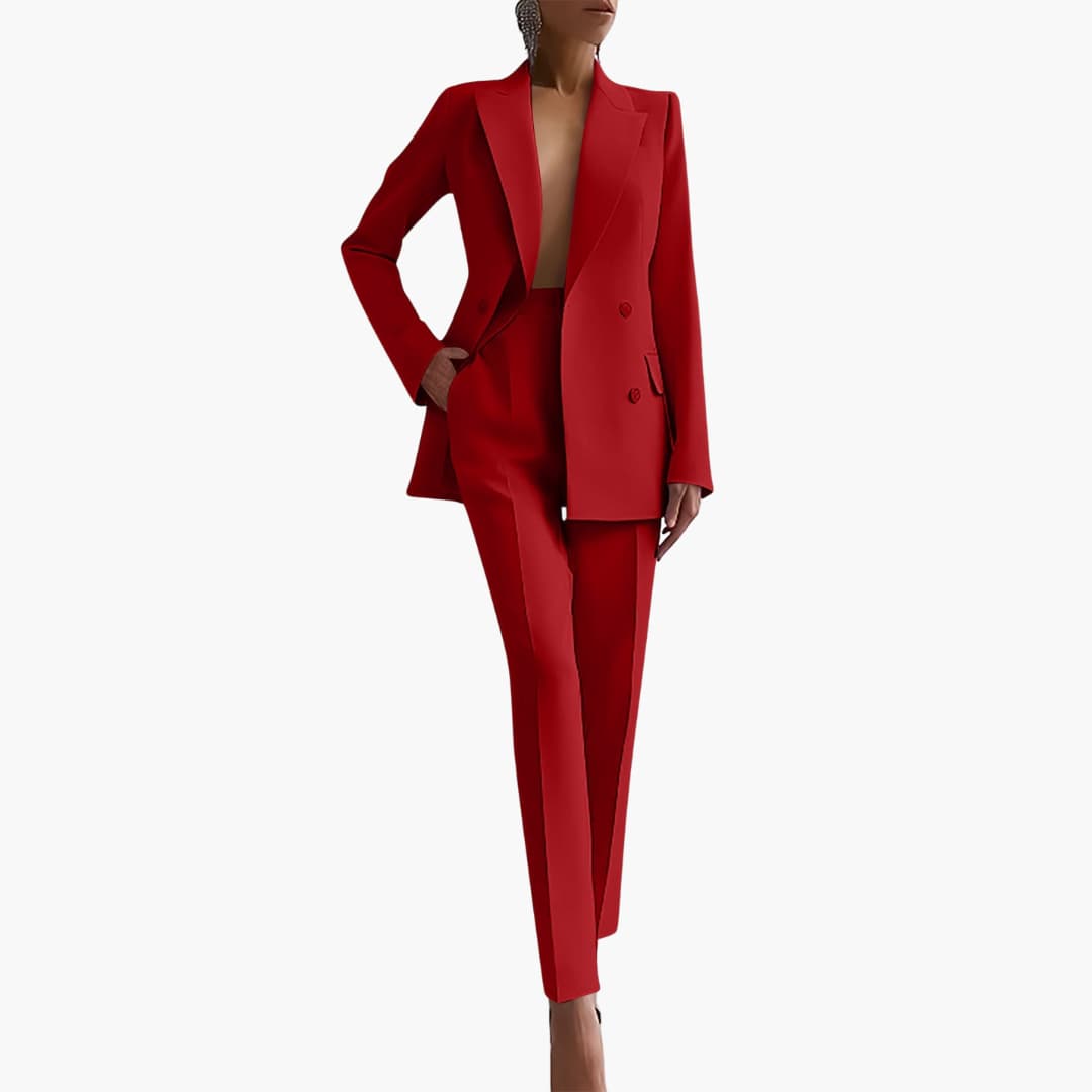 Women's Blazer Set with Notched Lapel and High Rise Trousers