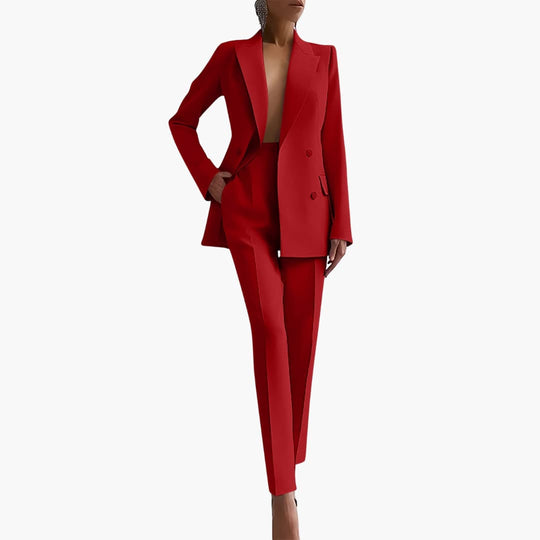 Women's Blazer Set with Notched Lapel and High Rise Trousers