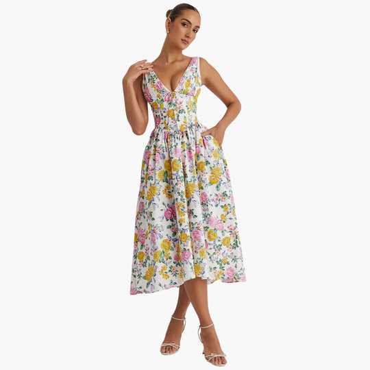 Women's Summer Midi Dress with Deep V-Neckline and Pockets