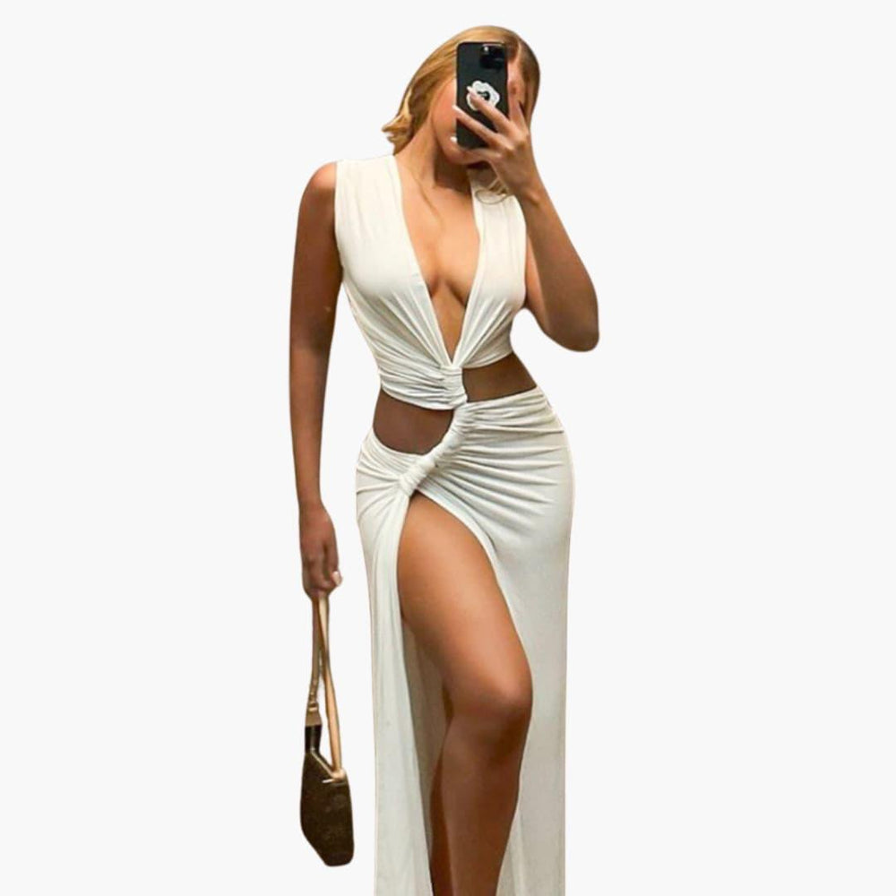 Women's High-Slit Maxi Dress with V-Neck and Cut-Out Detail