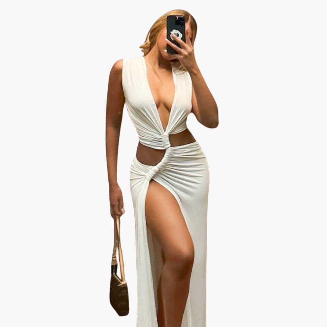 Women's High-Slit Maxi Dress with V-Neck and Cut-Out Detail