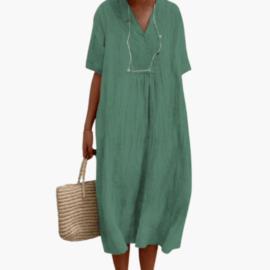 Women's Midi Dress with Short Sleeves and V-Neck