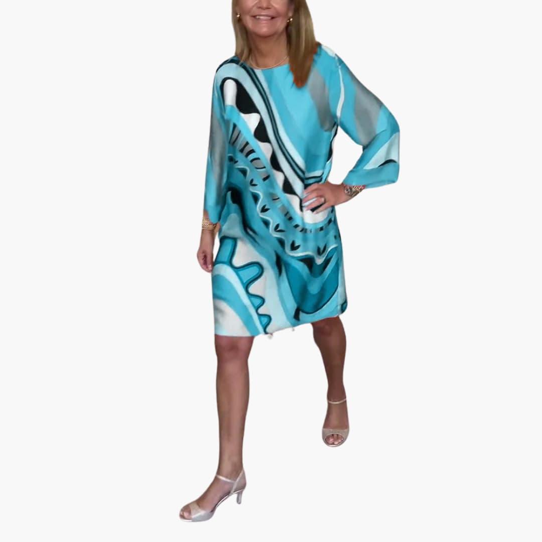 Women's Printed Midi Dress with Bell Sleeves and V-Neck