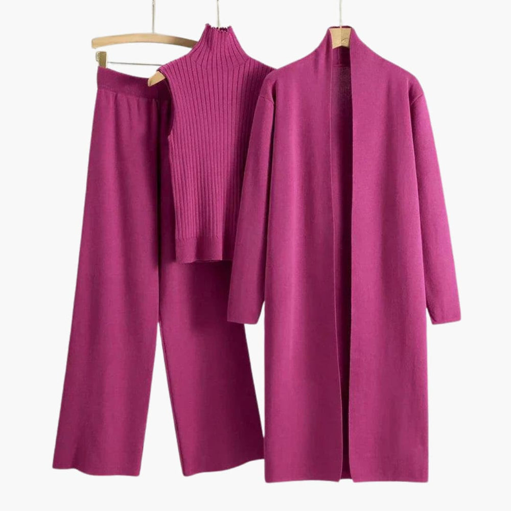 Women’s Three-Piece Knit Set with Sleeveless Roll Neck and Wide-Leg Trousers
