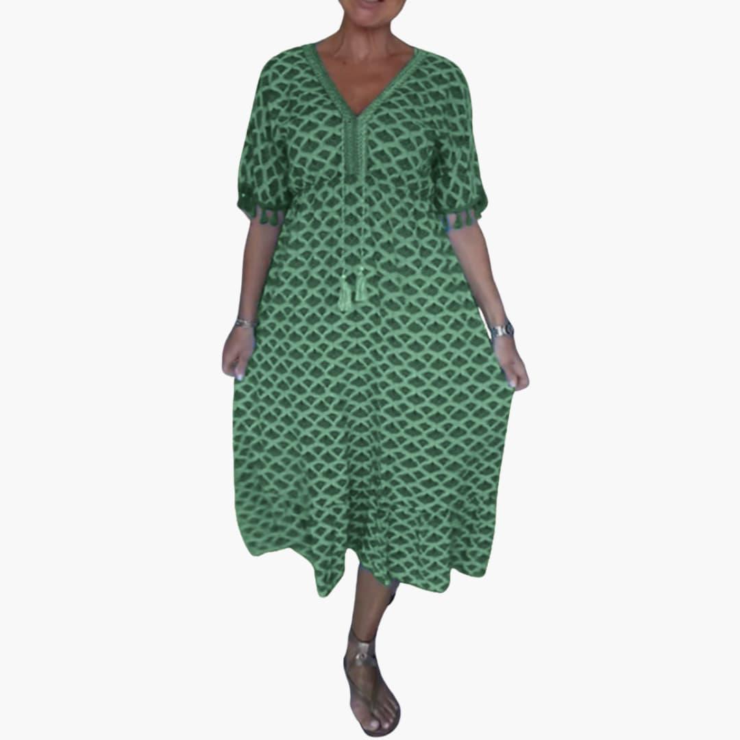 Women's Floral Print Midi Dress with Short Sleeves and V-neck