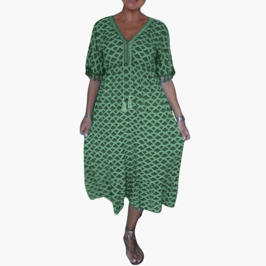 Women's Floral Print Midi Dress with Short Sleeves and V-neck
