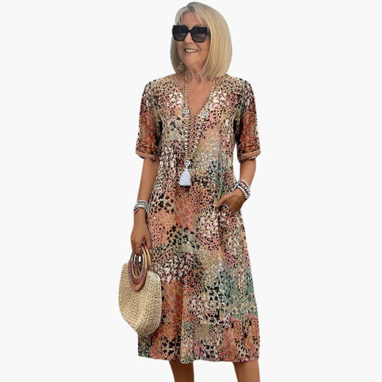 Women's Midi Dress with Short Sleeves and V-Neck in Floral Pattern