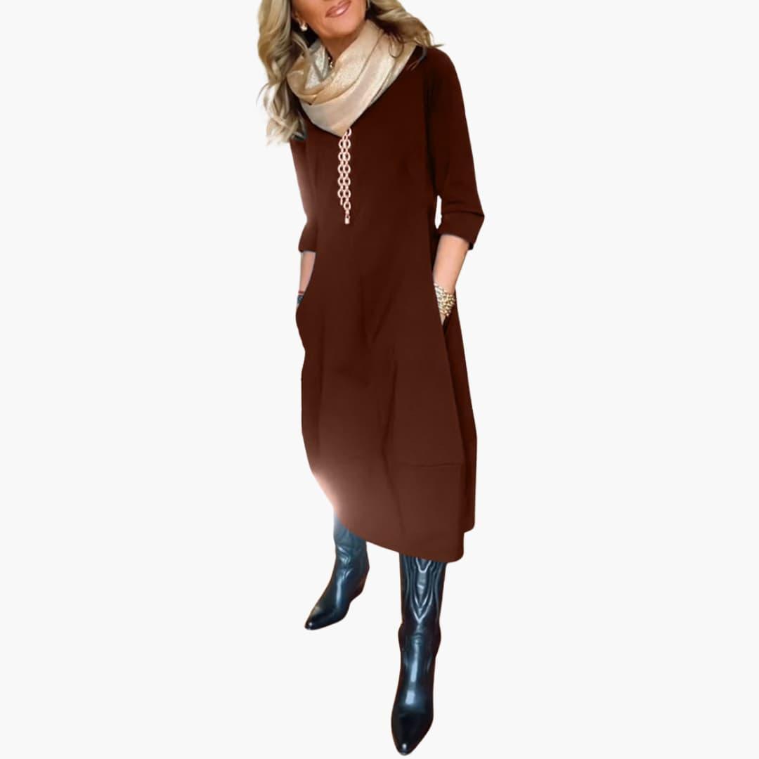 Women's Round Neck Dress with Long Sleeves and Side Pockets