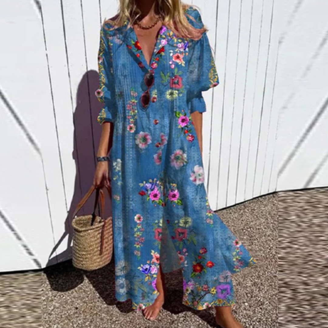 Women's Maxi Dress with Floral Design and Pockets