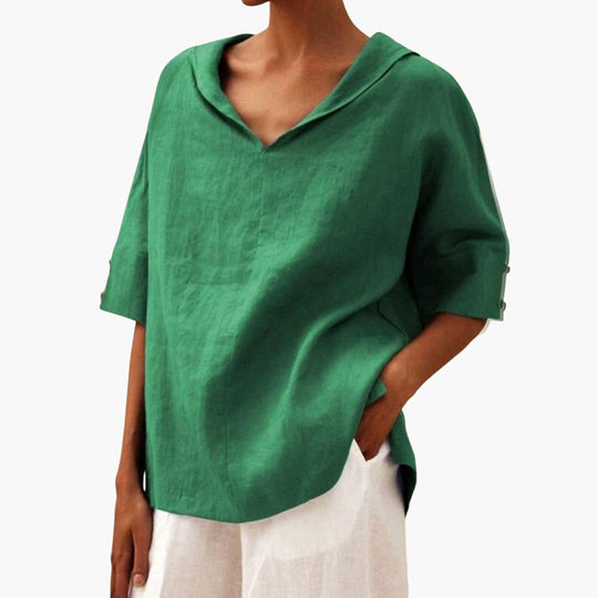 Women’s short sleeve blouse with V-neck and rolled sleeves
