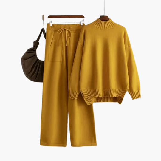 Women's Turtleneck Jumper Set with Relaxed Fit and Wide-Leg Trousers