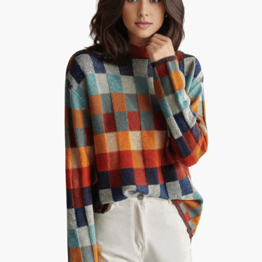 Women's Patchwork Turtleneck Jumper with Long Sleeves and Ribbed Cuffs