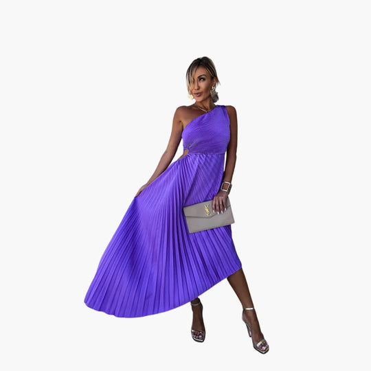 Women's Midi Dress with One-Shoulder Neckline and Pleated Design