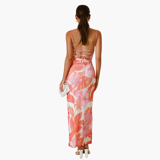Women’s maxi dress with cowl neckline and lace-up back