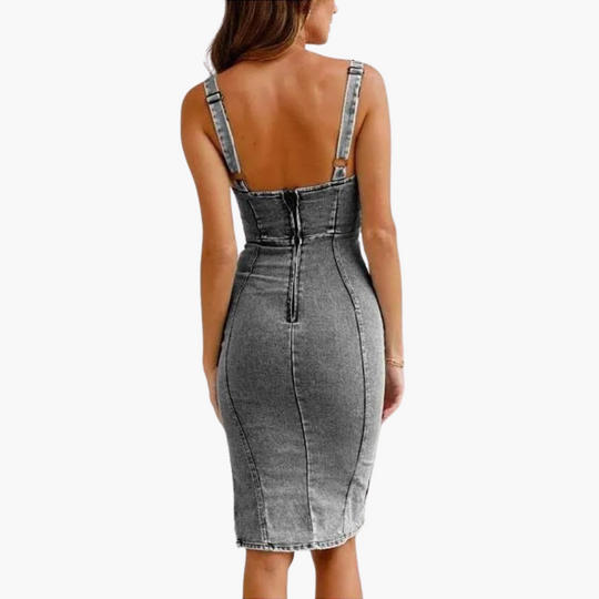 Women’s Sleeveless Denim Dress with Scoop Neckline and Side Slit