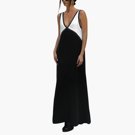 Women’s Maxi Dress with V-Neck and Colour-Block Design
