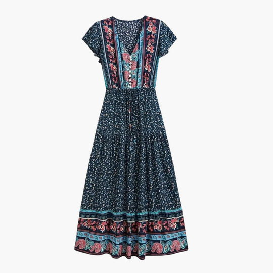 Women's Maxi Dress with V-neckline and Drawstring Waist