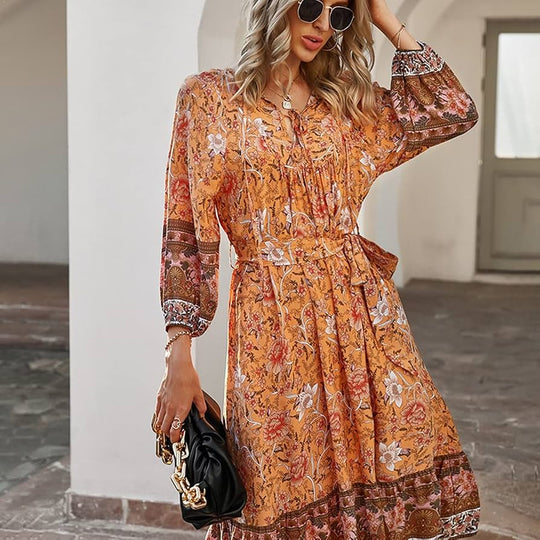Women Boho Bohemian Chic knee-length dress with V-Neck for Travel
